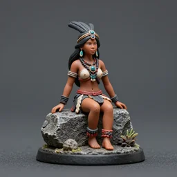 Product Introduction Photos, 4K, Full body, 80mm resin detailed miniature of a savage tribe girl, Sitting on a miniature stone