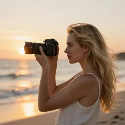 a beautiful blonde woman photographing at sunset on a beach, hyper realistic, very detailed