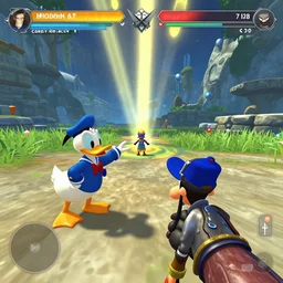 Fallout 4 inspired screenshot of kingdom hearts 3, Disney and final fantasy crossover, donald duck and goofy npc characters, Kingdom hearts styled gameplay, unreal engine 3, epic games, godrays, First person shooter game hud