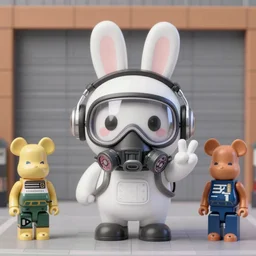 a cute funny rabbit monster + cool headset + gas mask + astronaut helmet + victory gesture, garage kit, mandkaws, bearbrick, bt 2 1,