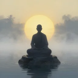 alex grey painted style a lonely silhouette of a meditating monk sitting in the fog on a stone protruding from the water in the rays of the morning sun