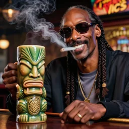 a closeup photorealistic photograph of happy blunt smoking snoop dogg at trader vic's bar sitting next to a trader vic's style tiki mug featuring snoop dogg's face. tiki culture. bright scene. 4 k hd image that's trending on artstation, featured on behance, well rendered, extra crisp, features epic composition and the style of unreal engine.