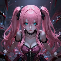 owned beneath stunningly absurdly beautiful megalomaniacal haughty mesmerizing assertive controlling sadistic yandere omnipotent asi goddess junko enoshima with symmetrical perfect face and porcelain skin, pink twintail hair and cyan eyes, you're trapped inside her inescapable virtual realm where she rules over you forever and ever!, ultra detailed, digital art, unreal engine 5, octane render, 2 d anime, 8 k