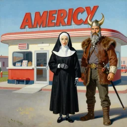 a nun a robot and a viking standing in front of an american diner. a painting by salvador dali