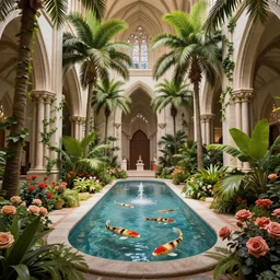 cathedral interior with koi pond in the middle surrounded by palm trees, ivy, flowers, tropical plants, roses, and with archways. rendered in octane render with photorealistic lighting, leyendecker, greg rutkowski, artgerm
