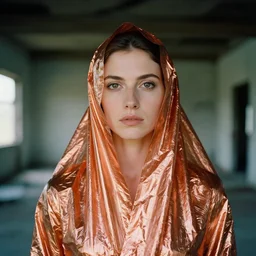 closeup portrait of a woman wrapped in copper cellophane, standing in a derelict building interior, color photograph, by gregory crewdson, canon eos c 3 0 0, ƒ 1. 8, 3 5 mm, 8 k, medium - format print