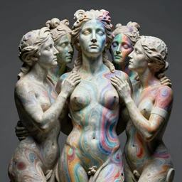 sculpture statue of Emma Watson by Jean-Baptiste Carpeaux and Luo Li Rong and Michael James Talbot, all body, very emotional expressions, perfect symmetrical face, psychedelic colors, surrealistic, rainbow marble, in full growth, elegant, realistic, 8K, female full-skin figure, hyperrealism, subsurface scattering, raytracing, rim light, Octane Render, Redshift, Zbrush