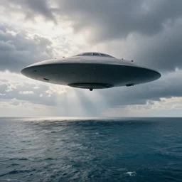 A huge UFO over the transparent ocean. The sky is very cloudy with some sun light rays passing through