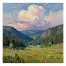 A vast valley forest valley gives way to an open grass land under psychedelic puffy clouds by Peter Mohrbacher, Jordan Grimmer and Sylvain Sarrailh, conceptartworld oil on canvas