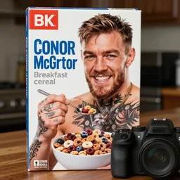 conor mcgregor breakfast cereal box, product advertisement, photograph, close-up, professional photograph, well-lit, 8k DSLR,