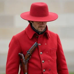 a man in a red hat, red coat, with a 1 9 th century pistol in a holster. his face is not visible. red hat is flat and wide. red coat have some metallic buttons, pockets, and paintings on it.
