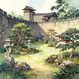 japanese garden in a fortress. this watercolor painting by the award - winning concept artist has cinematic lighting, an interesting color scheme and intricate details.