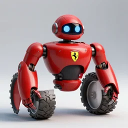 a red robot with big tires on it's shoulders, Ferrari logo on it's chest, rounded head with big visor | unreal engine | hd | 3D model