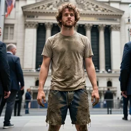 high quality octane render of sam bankman fried with mud dripping out of his shorts whilst at the stock exchange