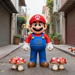 super mario lost his job and now sells mushrooms in the alleys of los angeles, drug dealer, super mario, red hat, blue overalls, dirty clothes, canon eos r 3, f / 1. 4, iso 2 0 0, 1 / 1 6 0 s, 8 k, raw, unedited, symmetrical balance, wide angle