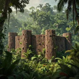 amazon jungle, wall wood fortress, Photorealistic, plants environment, wide angle, establishing shot, cinematic lighting, atmospheric, realistic, octane render, highly detailed, color graded, matte painting in the style of craig mullins