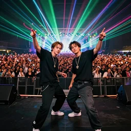two friends looking at the camera dancing at a concert with a huge crowd and lasers, hyper detailed, octane render, vivid colors, artstation, by jeremy mann, professional photography