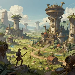 steampunk landscape, wide shot angle, illustration, high detail, artstation
