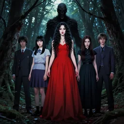 makoto shinkai, yoji shinkawa, ilya kuvshinov, rumiko takahashi, full body, pretty alyson hannigan, evil dead demon, evil dead movie, red dress, symmetrical eyes, symmetrical face, long curly black hair, trees, forest, branches, cinematic lighting, evil dead creature, scary, blood