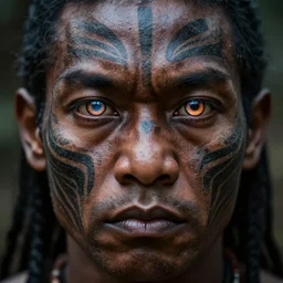dark - skinned tribal warrior with tribal face tattoo, cybernetic enhanced eyes, close up
