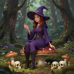 a beautiful witch sitting on a toadstool in a forest, skulls and mushrooms, fantasy graphic novel style, by wendy pini, intricate, very fine inking lines, extremely detailed, 4k, hd