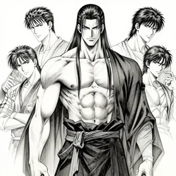 portrait of tall muscular anime man with long hair wearing a dark robe, pen and ink, intricate line drawings, by craig mullins, ruan jia, kentaro miura, greg rutkowski, loundraw