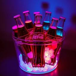 an ice bucket of cold coca - cola bottles filled with glowing prismatic dayglo pink blue technicolor liquid by andy warhol and francis picabia