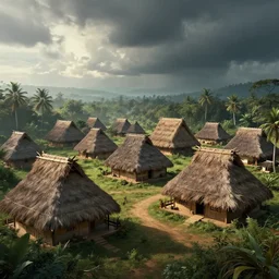 establishing shot of a kerala village with thatched houses designed by zaha hadid, an epic fantasy, dramatic lighting, cinematic, extremely high detail, photorealistic, cinematic lighting, matte painting, artstation, by simon stalenhag, horizon forbidden west