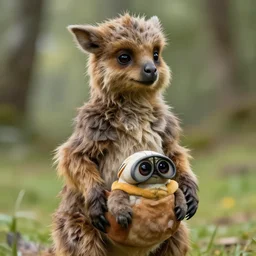 a marsupial wookie, with ewoks in her pouch, hyper realistic