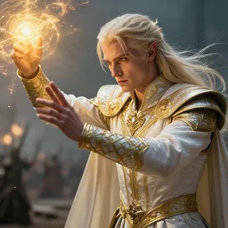 dramatic masterpiece Greg Rutkowski closeup of an aasimar man with platinum blonde hair wearing white and gold vestments under armor casting a holy ritual with golden magic on a battlefield, detailed, dynamic pose realistic, 4k, pensive, dungeons and dragons, dramatic lighting, trending on Artstation, sharp focus, elegant