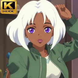anime poster film still portrait, african american young woman, large, eyes ( purple ), white french bob, bomber jacket ( green ), detailed facial features, dynamic pose, cute face by ilya kuvshinov, yoh yoshinari, makoto shinkai, rimlight, cel shaded, 4 k