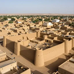 High-quality aerial photography of an old walled West African city made of mud bricks, Timbuktu, Canon TS-E 17mm, National Geographic