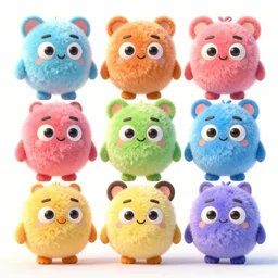concept sheet of cute colorful 3 d family fluffy animal characters for kids style by machinarium amanita design, big eyes, simple smooth shapes and forms, reflective like candy, masterpiece, intricate concept art, 8 k, artstation
