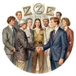 the circle complete, greek symbol zeta, diversity team, american engineer, european, handshake, highly detailed, digital painting, watercolor, soviet realism, engraving, artstation, concept art, smooth, sharp focus, vivid grunge, manga, illustration, unreal engine 5, 8 k, art by bilibin and kuvshinov and malevich and mucha