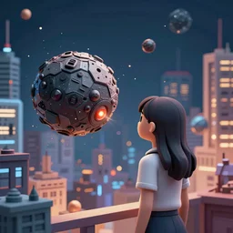 girl staring at a meteorite hitting a floating cyberpunk city at night by wlop, low poly art, ultra detailed color art, high detail, digital art