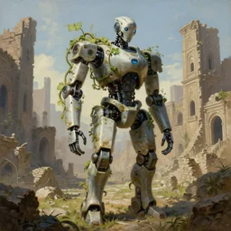 robot with vines growing on it, ancient city, highly detailed, ruins, painting