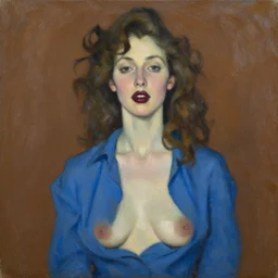 expressive medium shot portrait of a pale sexy young 8 0 s model busty woman with curly brown hair, big maroon lips, wearing a blue shirt, brown background, oil painting, impasto, muted colors, artwork by lucian freud, arnold bocklin, luc tuymans