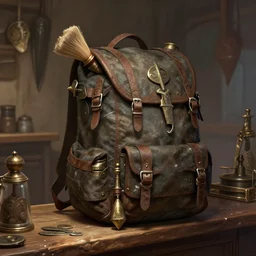 hardmesh post, dnd thief's equipment backpack on general shop counter, fantasy digital art, by greg rutkowski, ilya kuvshinov