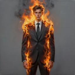 a hyper realistic painting of a calm young man in a burning business suit, his clothes is burning, full body painting, coherent symmetrical eyes, by jeffrey smith, by andrea kowch, by steve henderson, masterpiece, trending on artstation,