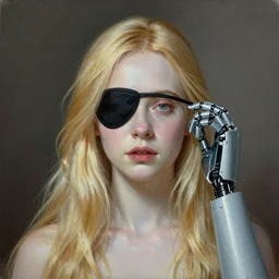 Painting of Elle Fanning with an eyepatch and robot arm, long blonde hair, delicate, pale milky white porcelain skin, by Edmund Leighton. 8K. Extremely detailed.