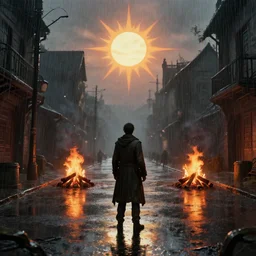 praise the sun from dark souls 3 standing in middle of a street, looking at a camp fire, evening time, heavy rain, rain water reflections in ground, digital illustration, crisp details, highly detailed art, 8 k image quality, full body camera shot