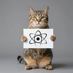 realistic perfect cat standing holding up sign saying atom