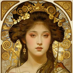 realistic detailed face portrait of a beautiful young geisha by Alphonse Mucha, Greg Hildebrandt, and Mark Brooks, gilded details, spirals, Neo-Gothic, gothic, Art Nouveau, ornate medieval religious icon