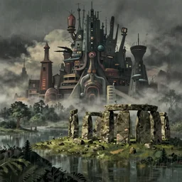 a realistic and atmospheric cell - shaded concept art from howl's moving castle ( 2 0 0 4 ) of a futurist sci - fi city and stonehenge in a flooded rainforest. it is a misty starry night. very dull muted colors, hd, 4 k, hq