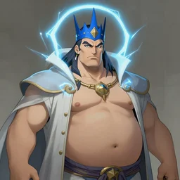 portrait of mighty plump male sorcerer, blue crown, lightning halo, strong line, muted color, beautiful! coherent! by frank frazetta, by boris vallejo