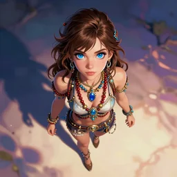 a beautiful fantasy girl, brown hair, bright blue eyes, lots of jewelry, full body in shot, epic lighting, vibrant colors and hard shadows and strong rim light, very coherent, digital art, trending on artstation, finely detailed features, ross tran, sam yang