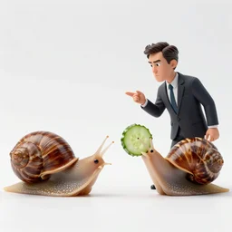 two snails in business suits arguing over a last slice of cucumber, sci-fi, photorealisitc