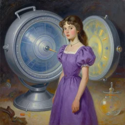 a painting of a girl wearing a purple dress, next to a time machine. time travel.
