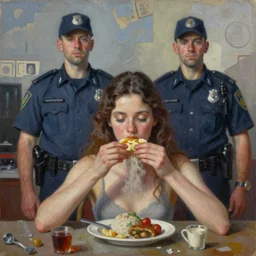 you won't ever catch my love with cops eating dust behind us!!! detailed and highly reliefed oil painting and analogue collage with canvas texture in style of conteporary art, photorealistic, surrealism, expressionism, masterpiece, balanced composition, harmonic vivid color palette, grim atmosphere, spectacular quality, trending on artstation, intricate oil details