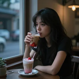 dslr, photo of a pretty, mysterious coffee shop girl, sitting across the room, next to a window, drinking a strawberry iced latte, dim light, dusk, artgerm, artstation, very high quality face, intricate details, extremely high quality, moody lighting, real camera, high resolution photograph, 8 k